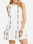Romwe White Black Print Lace Up Side Spaghetti Strap Dress