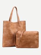 Romwe Brown Faux Leather Tote Bag With Crossbody Bag
