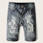 Romwe Guys Tiger Embroidery Ripped Denim Shorts