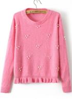 Romwe Bead Flouncing Crop Pink Sweater