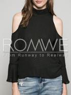 Romwe Black Embellished High Neck Cold Shoulder Blouse