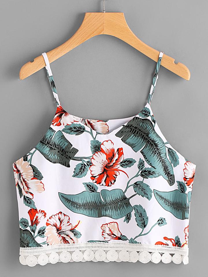 Romwe Floral Leaf Print Random Lace Hem Cami Top