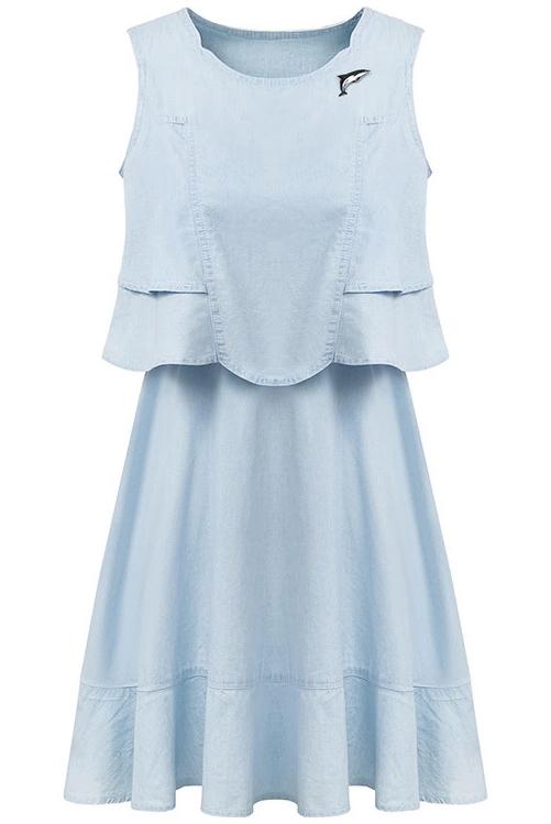Romwe Blue Sleeveless Ruffle Pleated Denim Dress