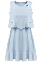 Romwe Blue Sleeveless Ruffle Pleated Denim Dress