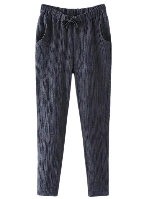 Romwe Dark Blue Pockets Drawstring Elastic Waist Hemp Pants