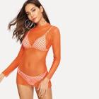 Romwe Mock-neck Fishnet Mesh Solid Cover Up