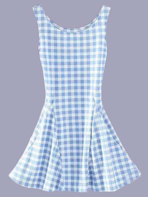 Romwe Blue Scoop Neck Plaid Skater Dress
