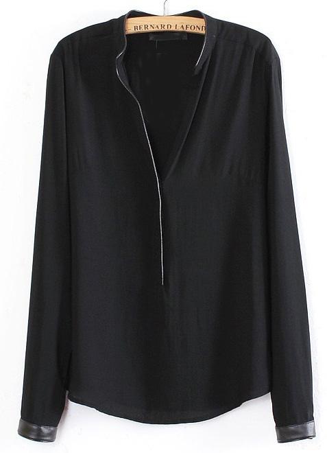 Romwe Contrast Pu Trims Chiffon Blouse