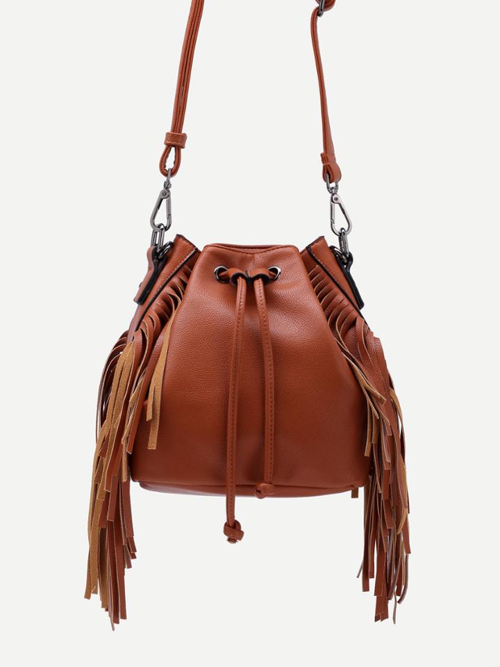 Romwe Brown Drawstring Closure Fringe Bucket Bag