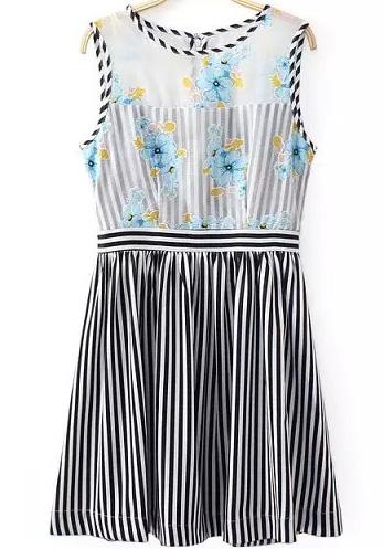 Romwe Vertical Striped Organza Florals Dress