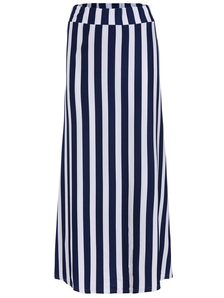 Romwe Vertical Stripe Long Blue Skirt