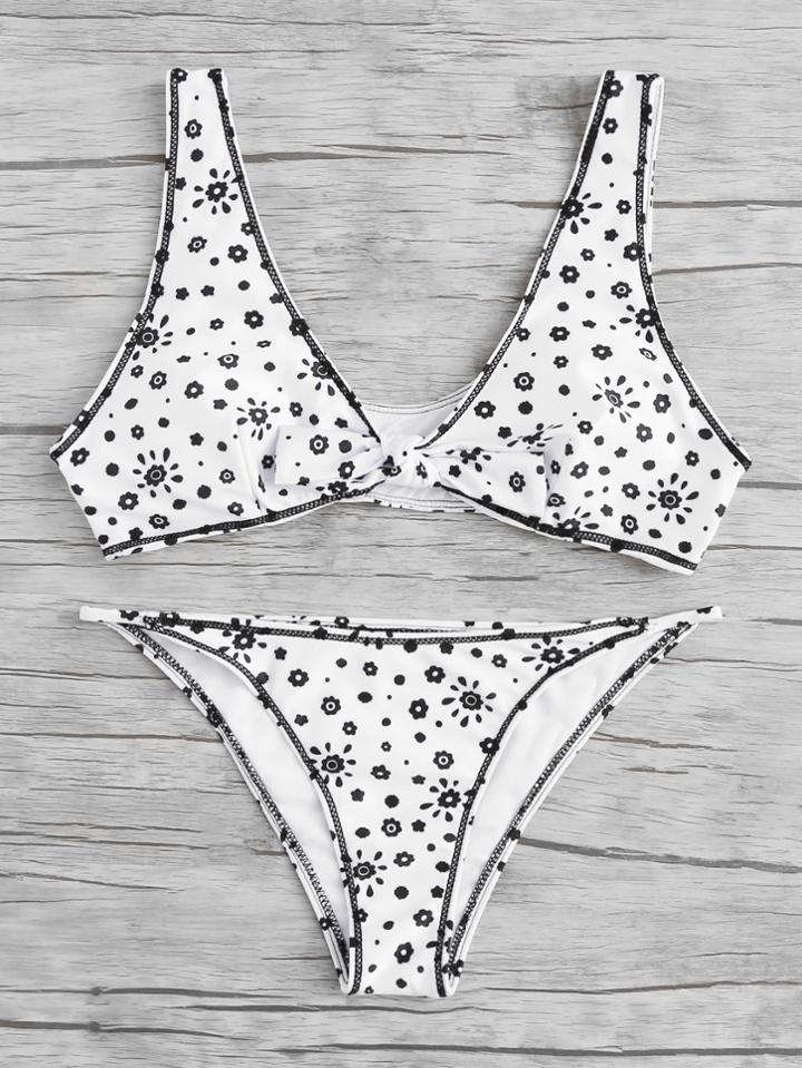 Romwe Knot Front Flower Print Bikini Set