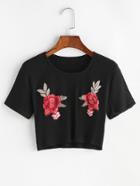 Romwe Black Flower Embroidered Ribbed Knitted Crop T-shirt