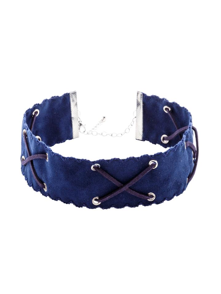 Romwe Blue Crisscross Band Wide Choker Necklace