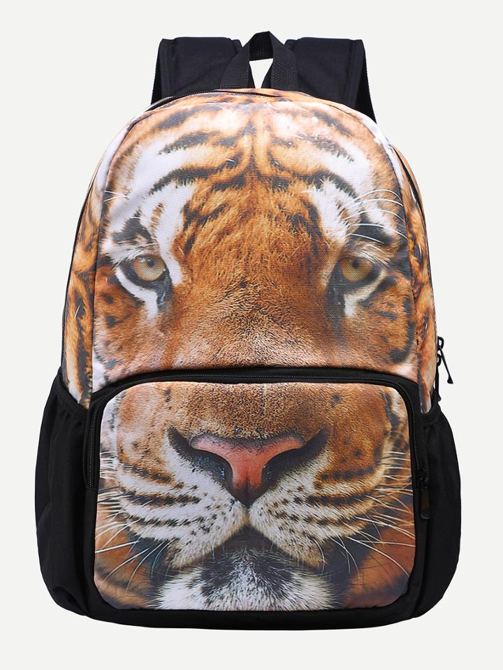 Romwe Brown Tiger Head Print Backpack