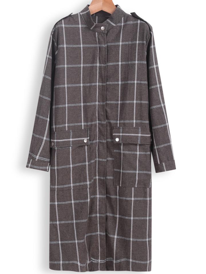 Romwe With Zipper Plaid Long Khaki Blouse