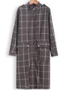 Romwe With Zipper Plaid Long Khaki Blouse