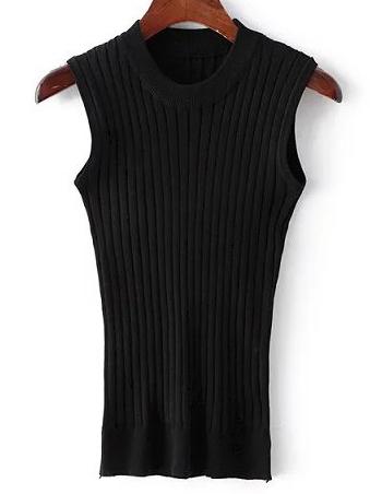 Romwe Black Crew Neck Rib Slim Sweater Tank