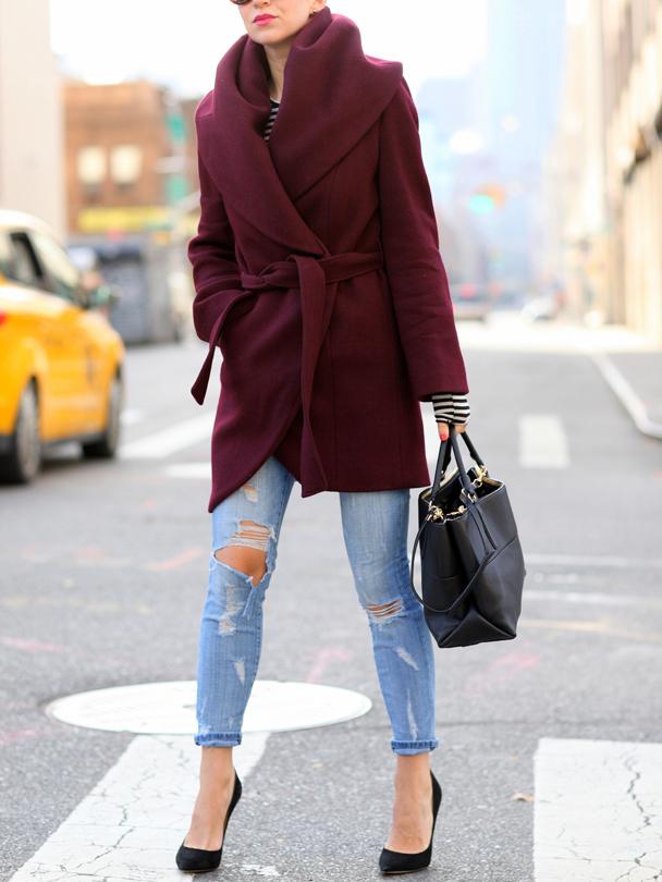 Romwe Burgundy Long Sleeve Pockets Coat