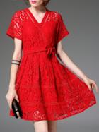 Romwe Red V Neck Tie-waist Lace Dress