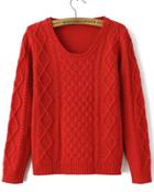 Romwe Diamond Patterned Knit Red Sweater