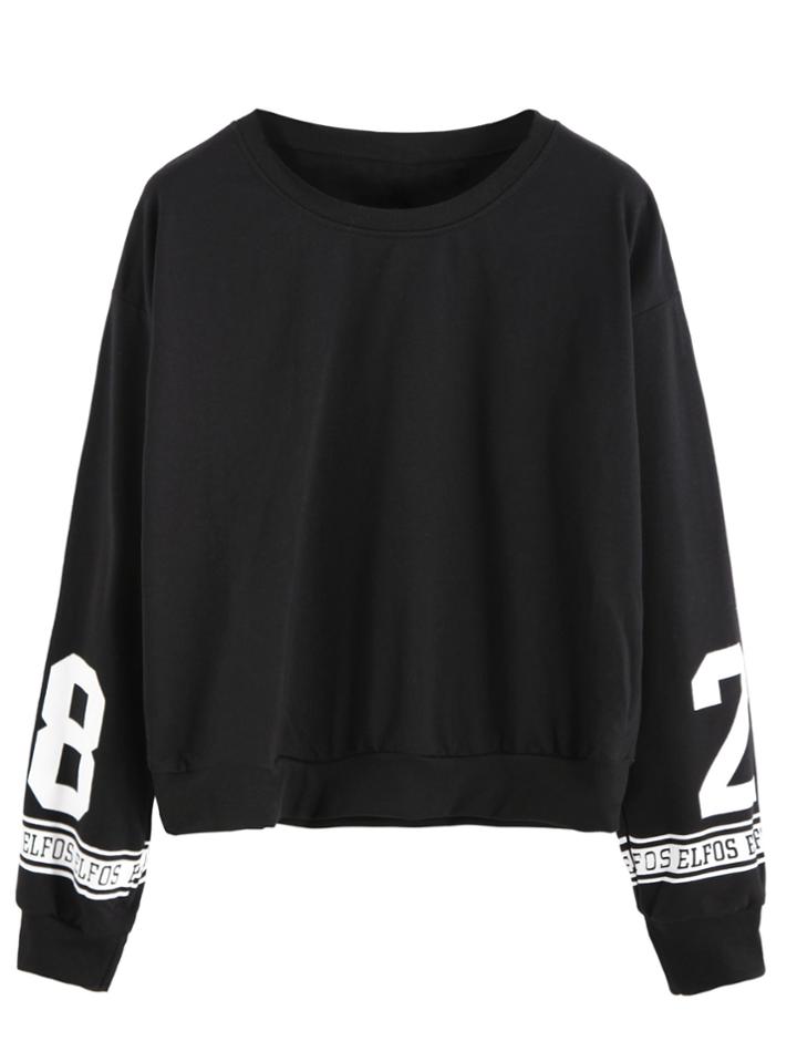 Romwe Black Sleeve Number Print Sweatshirt