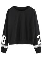 Romwe Black Sleeve Number Print Sweatshirt