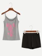 Romwe Letters Print Cami Top With Elastic Waist Shorts
