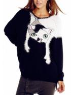 Romwe Cat Pattern Fuzzy Black Sweater