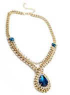 Romwe Blue Drop Gemstone Gold Crystal Chain Necklace