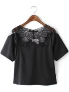 Romwe Black Short Sleeve Embroidered Mesh Crop Blouse