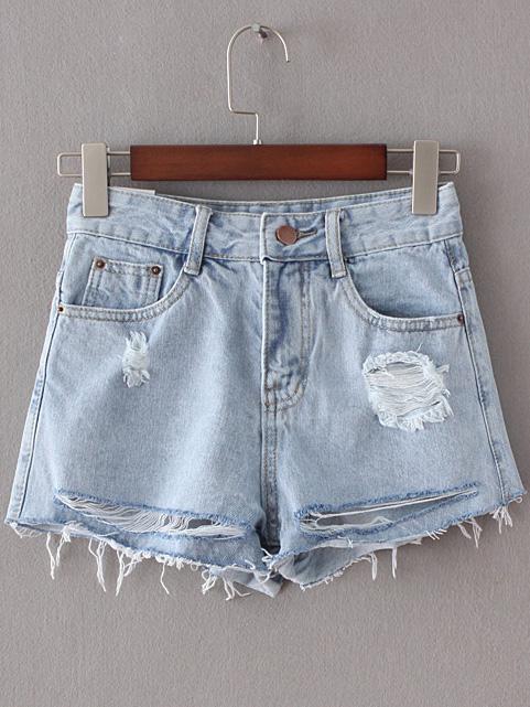 Romwe Light Blue Pockets Ripped Hole Denim Shorts