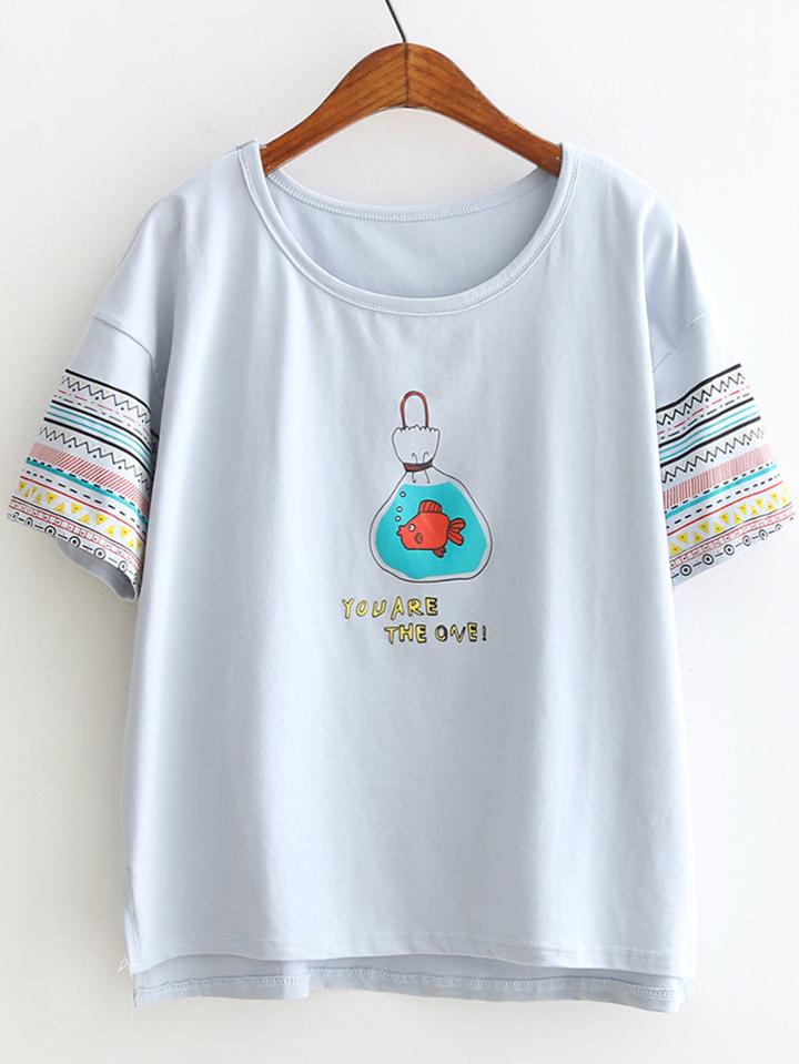 Romwe Blue Fish And Letter Print T-shirt