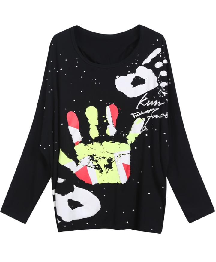 Romwe Hand Print Long Sleeve Loose Sweatshirt