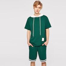 Romwe Guys Two Tone Short Sleeve Hoodie & Striped Shorts Set