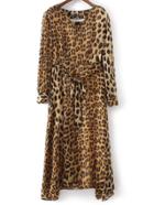 Romwe Leopard V Neck Bow Tie Midi Dress