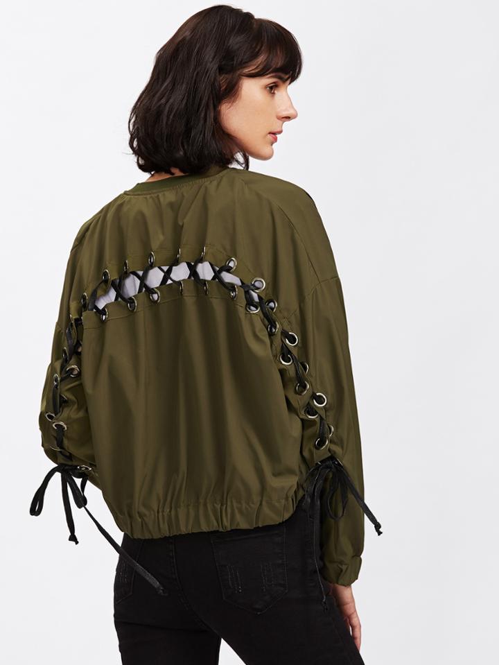 Romwe Drop Shoulder Eyelet Lace Up Back Zip Up Jacket