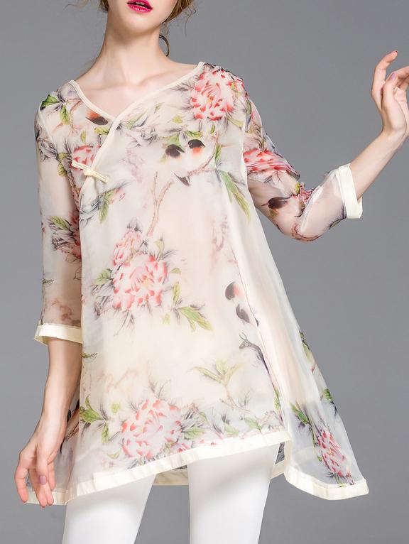 Romwe Beige V Neck Floral Shift Dress