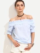 Romwe Blue Vertical Striped Ruffled Off The Shoulder Blouse