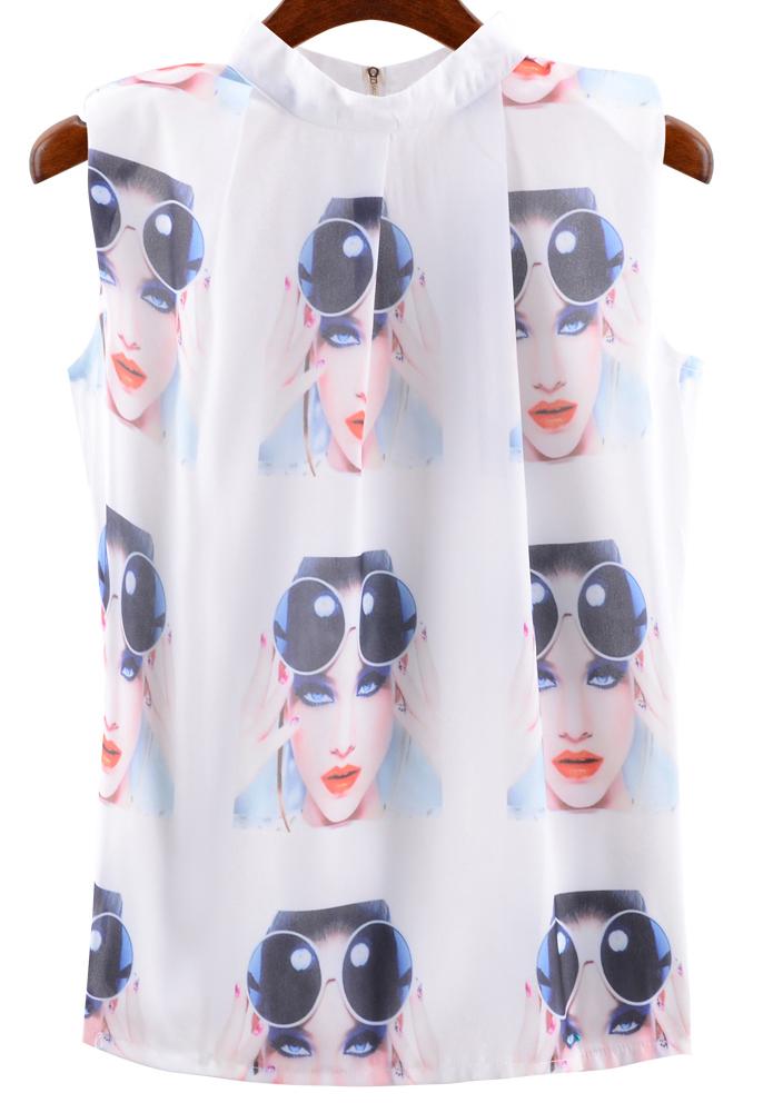 Romwe Stand Collar Zipper Glasses Print Top