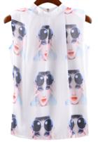 Romwe Stand Collar Zipper Glasses Print Top
