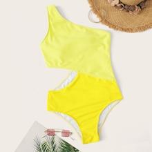 Romwe Neon Yellow One Shoulder Cut-out One Piece Swim