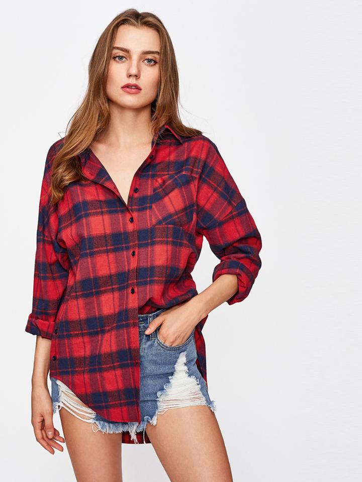 Romwe Drop Shoulder Single Pocket Dolphin Hem Checkered Shirt