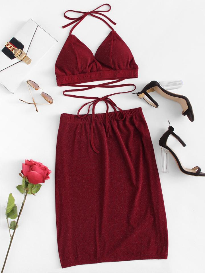 Romwe Textured Lace Up Backless Halter Top With Skirt