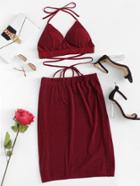 Romwe Textured Lace Up Backless Halter Top With Skirt