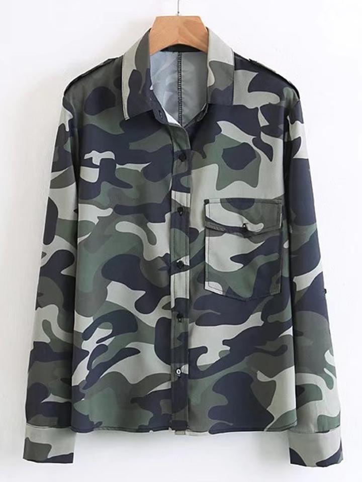Romwe Front Pocket Camo Blouse