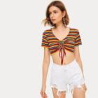 Romwe Colorful Striped Knot Drawstring Crop Tee