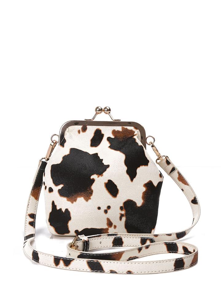 Romwe Cow Printing Kiss Lock Pu Shoulder Bag