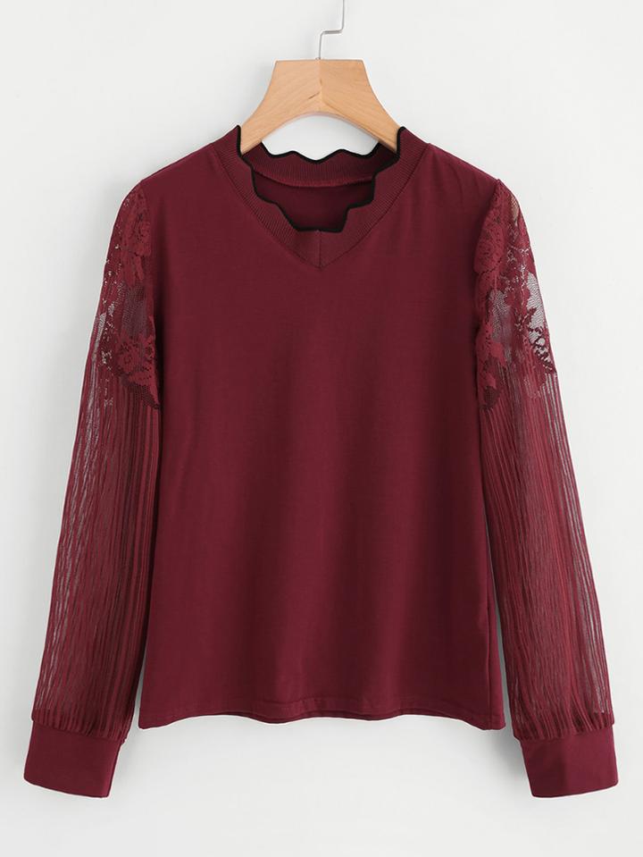 Romwe Scalloped Neck Lace Sleeve T-shirt