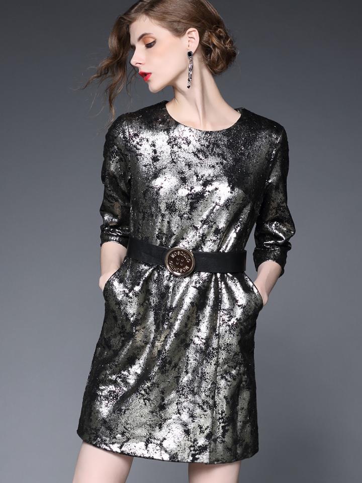 Romwe Multicolor Round Neck Length Sleeve Drawstring Dress